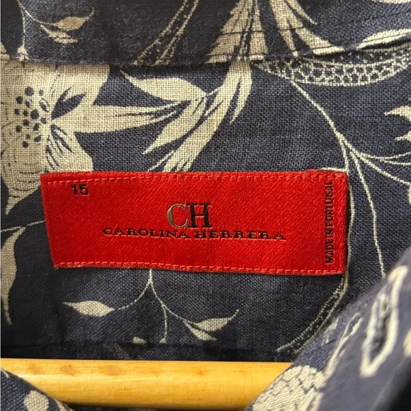 Carolina Herrera Men's Linen Blue Floral Print Button Down Shirt - Size 15 - Picture 7 of 11